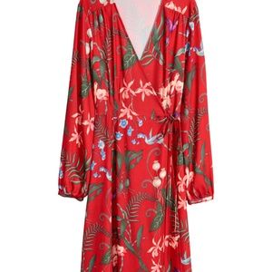 Red patterned midi wrap dress sz 10